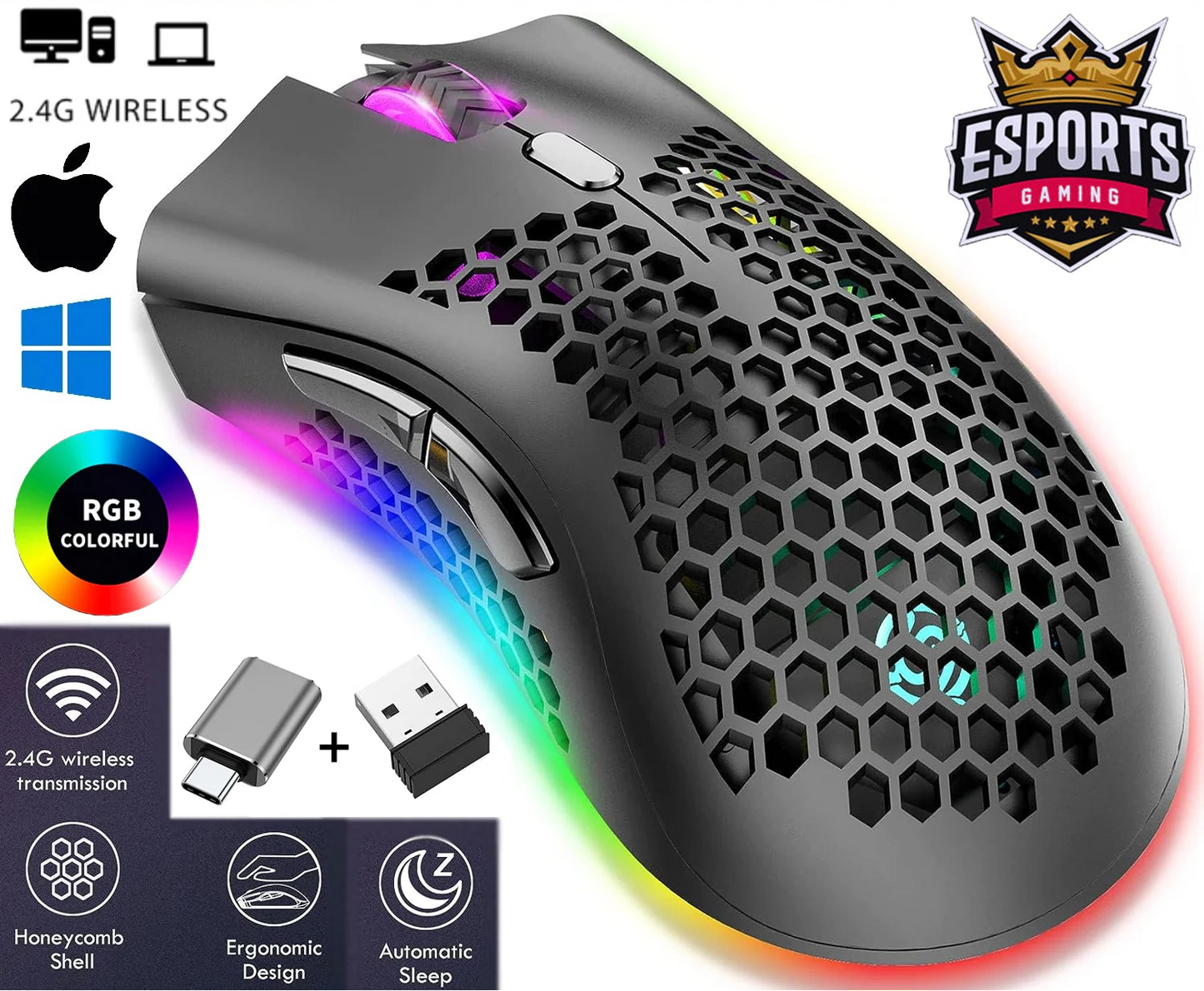 Wireless Mouse Gaming Rechargeable Optical Mouse Cordless 7 Color LED Backlit PC